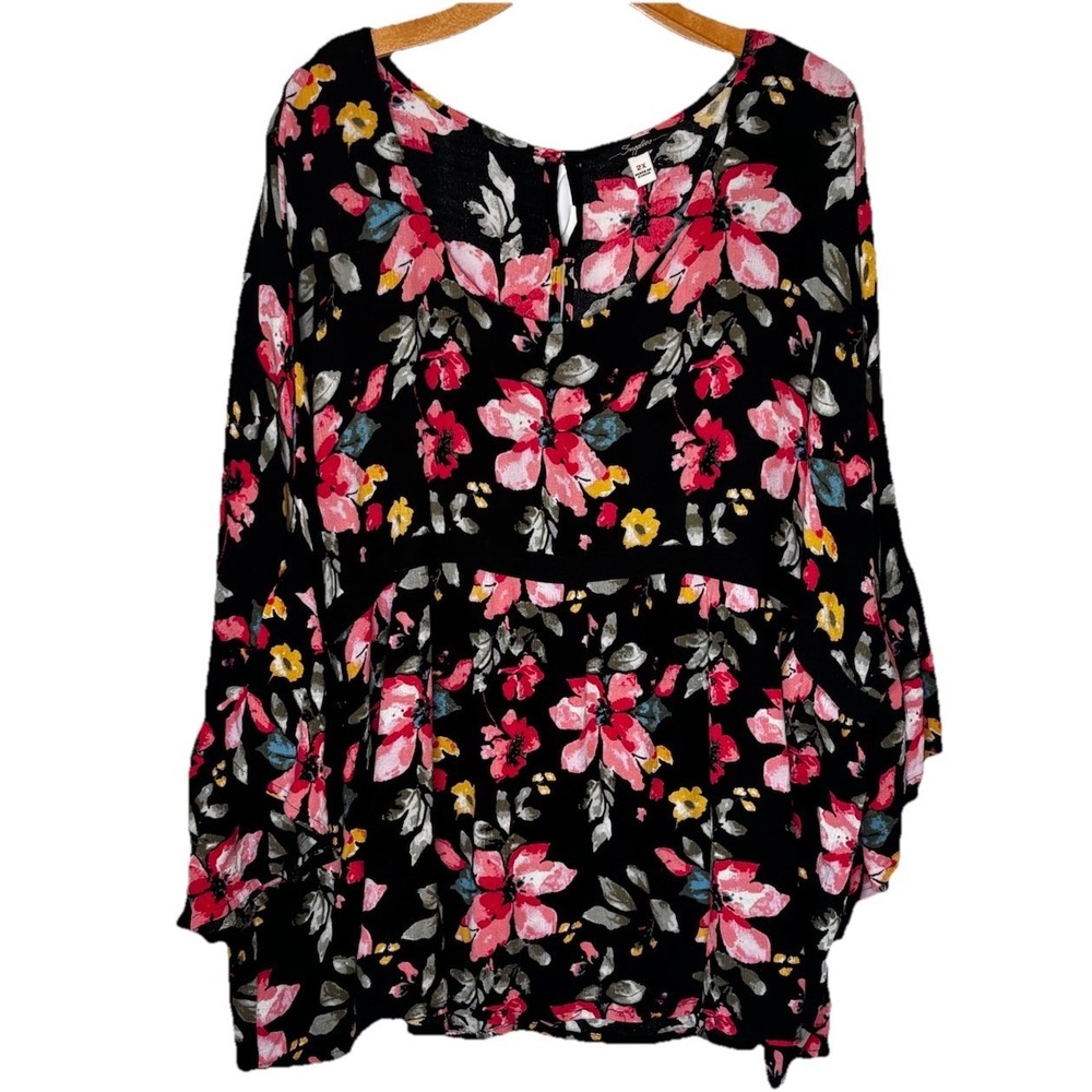 Supplies Top Babydoll 2X Pink Black Floral Bell Sleeve Y2K Boho Dark Romantic